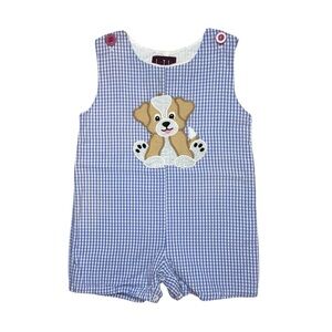 Lil Cactus Puppy Appliqué Gingham Shortalls Blue 12-18 Mon